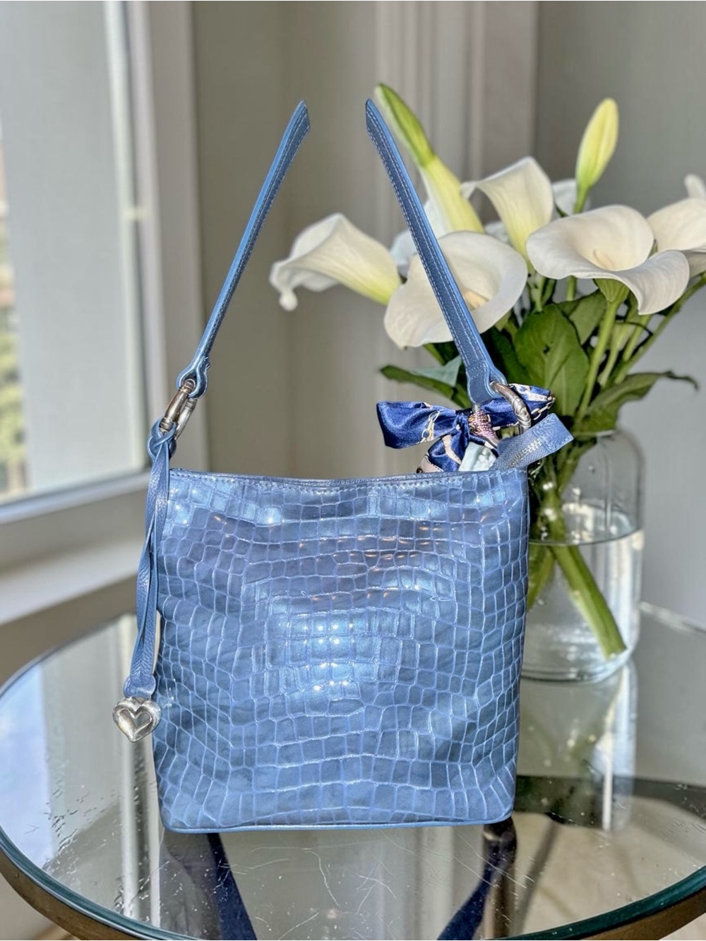 Brighton Blue Croc-Embossed Shoulder Bag EUC - Picture 3 of 12
